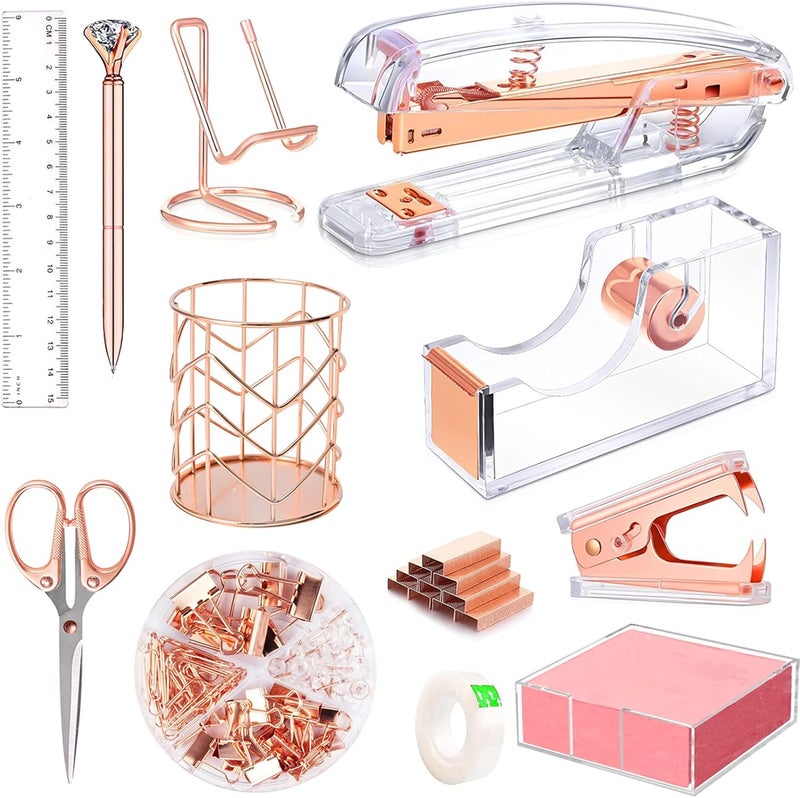 Famassi Rose Gold Office Supplies and Accessories, Acrylic Stapler, Staple Remover, Tape Holder, Ballpoint Pen, Scissor, Binder Clips, Staples, Phone Holder, Ruler, Transparent Glue and 300 Notes - Image 1